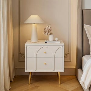 GStone Ivory 2-Drawer Nightstand – Modern Bedside Table with Gold Metal Legs
