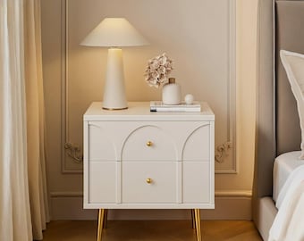 GStone Ivory 2-Drawer Nightstand – Modern Bedside Table with Gold Metal Legs