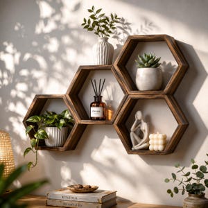 Peut inclure: Un ensemble de trois étagères murales hexagonales en bois foncé reliées entre elles. Les étagères contiennent un vase blanc côtelé avec de la verdure, une petite succulente dans un pot gris, un diffuseur d'arômes en verre brun, une figurine abstraite blanche et une bougie bulle blanche.