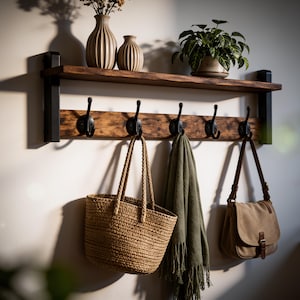 Peut inclure: Une étagère murale en bois avec une finition brun foncé et des supports en métal noir. L'unité comporte cinq crochets en métal noir supportant un sac fourre-tout en paille tressée, une écharpe verte et un sac à bandoulière en toile beige.
