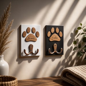 Personalized Dog Leash Holder Wall Mount with Custom Name, Paw Print Hook Organizer for Leashes and Collars, Dog Lover Gift for Entryway