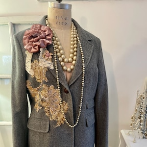 gray tweed blazer topped with beaded appliques and plush velvet pink flowers, gray blazer with signature pearl drape and vintage lace image 1