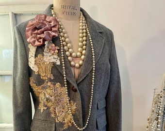 gray tweed blazer topped with beaded appliques and plush velvet pink flowers, gray blazer with signature pearl drape and vintage lace