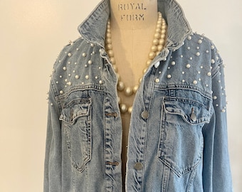 Upcycled light-wash jean jacket with pretty pearl appliques, boho gypsy chic light-wash jean jacket, Country tour outfit,  Concert outfits