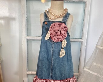 Boho little girl's overall dress, Denim coverall dress, Adorable girl's denim overall dress, Gypsy country girl denim overall dress