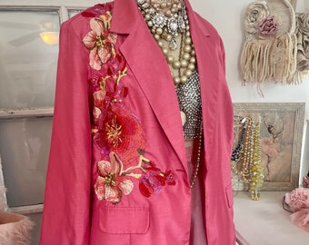 springtime couture chic lightweight coral pink unlined blazer, pretty pink blazer with needlework floral appliques, artsy bohemian blazer