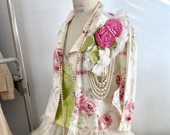 Delicate boho chic country girl mother of the bride jacket, gypsy glamor floral jacket, gypsy romantic jacket, altered couture ornate jacket