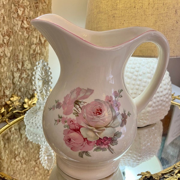 antique burleigh ironstone staffordshire england floral chamber wash pitcher, vintage art deco floral rose pink and purple and green pitcher