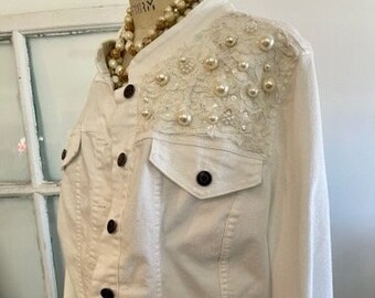 white jean jacket with white pearl embroidered and beaded appliques, country concert white jean jacket outfits, bridal wedding denim jacket