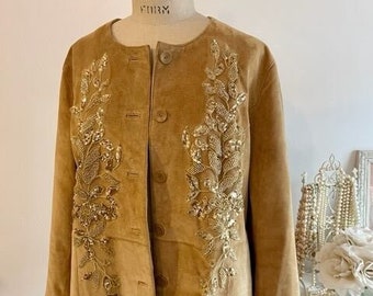 Vintage suede jacket with sequin appliques, Upcycled embellished vintage suede jacket, Gypsy romantic country sequin suede jacket