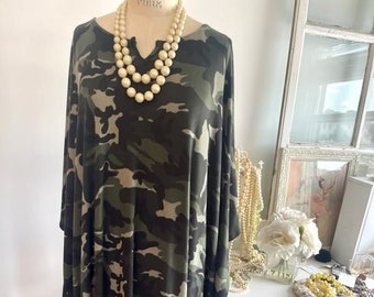 Beautiful camo print kaftan, Comfy oversized knit jersey kaftan, Maxi length camo print kaftan, One size fits all kaftan