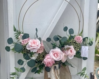 Farmhouse flower wreath, Farmhouse wreath, Flower wreath, Floral wreath, Front door wreath, Pink and green wreath, Farmhouse floral wreath