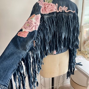 FRINGE denim jean jacket, LOVE, french country girl jean jacket, country concert outfits, Concert outfits, Concert denim jean jacket