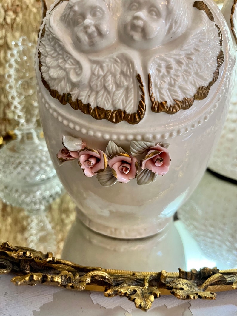 Vintage Ceramic Ivory Vase With Angels and Roses, Floral Vintage