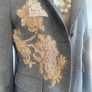 gray tweed blazer topped with beaded appliques and plush velvet pink flowers, gray blazer with signature pearl drape and vintage lace image 5