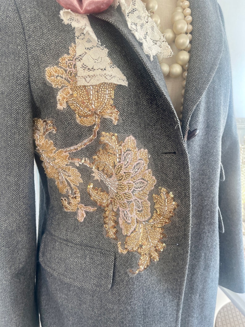 gray tweed blazer topped with beaded appliques and plush velvet pink flowers, gray blazer with signature pearl drape and vintage lace image 5