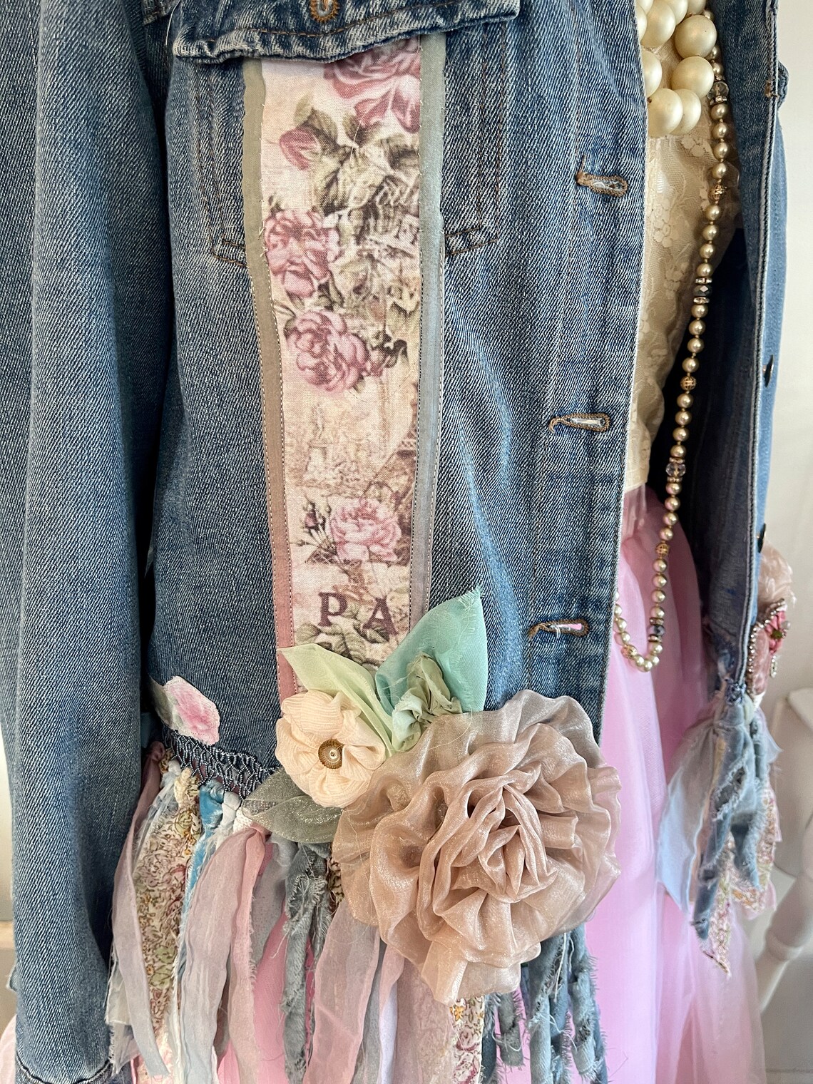 Paris Denim Jean Jacket, Paris Floral Appliques on Jean Jacket, Concert ...