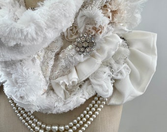 Romantic artsy bohemian wedding scarf, white wedding scarves, bohemian oak, altered couture, textile flowers, beading, vintage pearls,