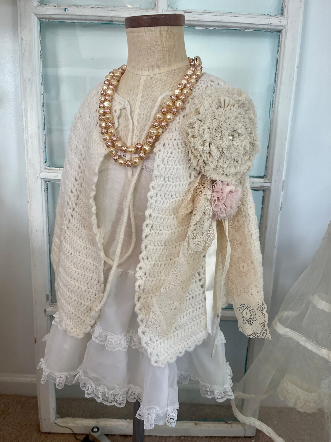 Baby Girl Cream Knit Vintage Cape Shawl, Little Girl's Shawl With Front