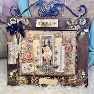 Paris Art, Paris Wall Art, Shabby Paris Wall Art, hand-made art with parisian twist and appliques, rhinestone decorated wall hanging piece