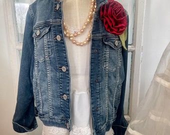 adorable little girl's upcycled denim jacket, upcycled jean jacket with handmade flowers, country concert outfit