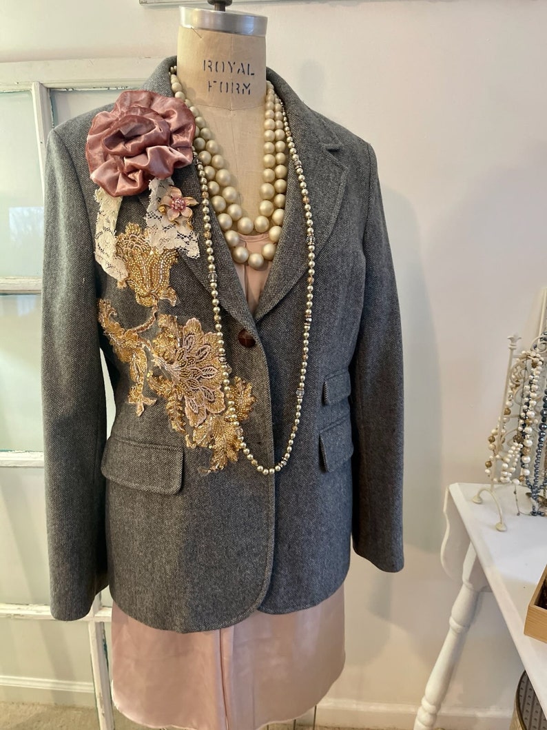 gray tweed blazer topped with beaded appliques and plush velvet pink flowers, gray blazer with signature pearl drape and vintage lace image 1