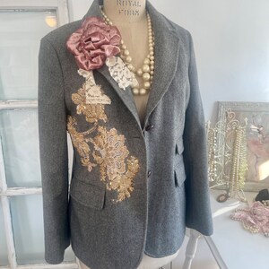 gray tweed blazer topped with beaded appliques and plush velvet pink flowers, gray blazer with signature pearl drape and vintage lace image 6