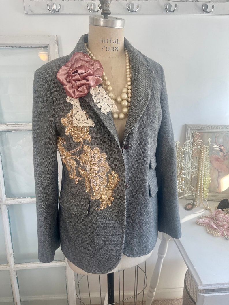 gray tweed blazer topped with beaded appliques and plush velvet pink flowers, gray blazer with signature pearl drape and vintage lace image 6