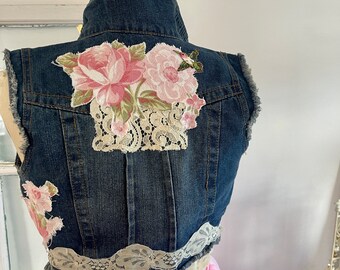 shabby chic upcycled cropped denim vest, women's jean jackets, shabby chic bird and flower appliques, french country girl cottagecore chic