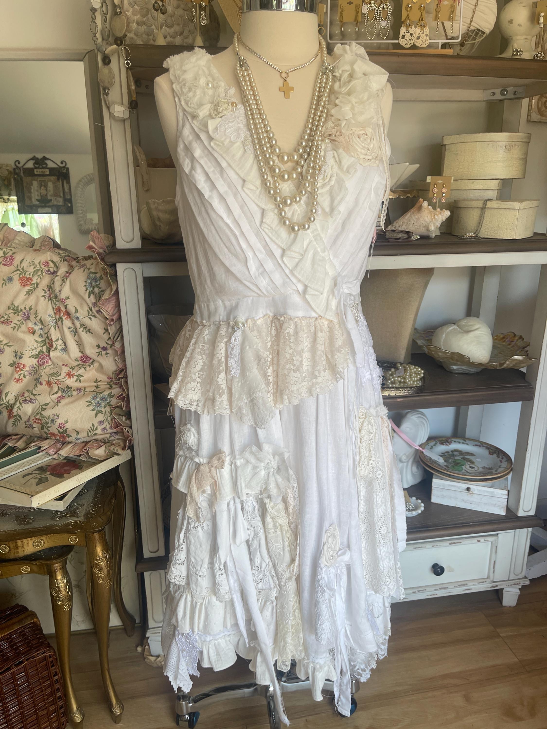 white tattered dress progress pic of a wedding finished around 2018.. excited that this lovely client just hired me to reincarnate the dress & give it an all green transformation I've been Romantic White Linen Dress |
