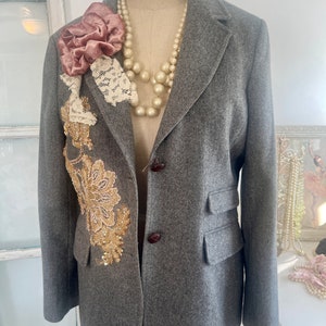 gray tweed blazer topped with beaded appliques and plush velvet pink flowers, gray blazer with signature pearl drape and vintage lace image 8