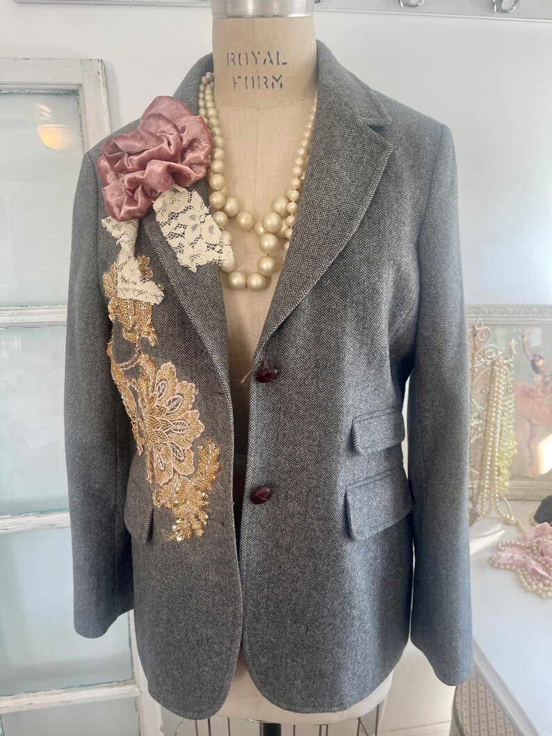 gray tweed blazer topped with beaded appliques and plush velvet pink flowers, gray blazer with signature pearl drape and vintage lace image 8