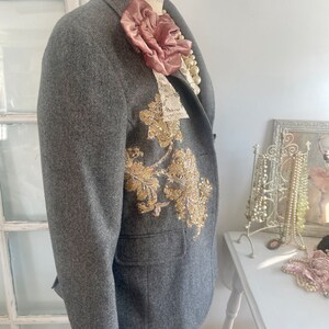 gray tweed blazer topped with beaded appliques and plush velvet pink flowers, gray blazer with signature pearl drape and vintage lace image 9