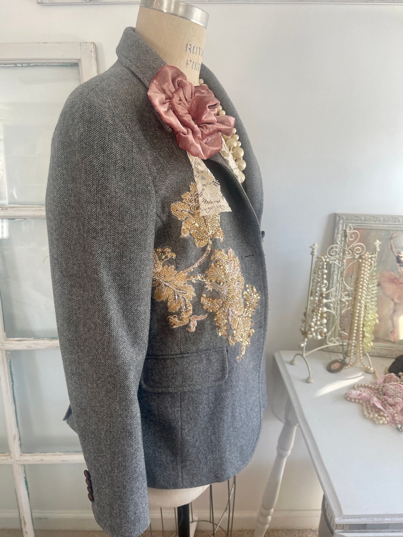 gray tweed blazer topped with beaded appliques and plush velvet pink flowers, gray blazer with signature pearl drape and vintage lace image 9