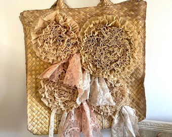 Straw tote, Beach Tote, Large Tote with Tattered Shabby Flowers and vintage lace, Bohemian tote bag with fabric flowers,