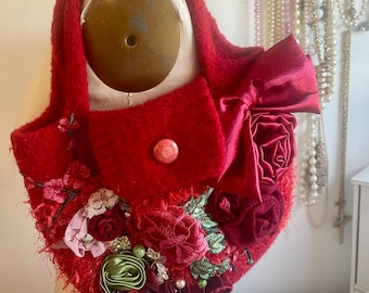 Red Felted Handbag, Boho Floral Beaded Purse, Shabby Chic Wristlet