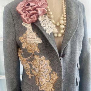 gray tweed blazer topped with beaded appliques and plush velvet pink flowers, gray blazer with signature pearl drape and vintage lace image 3