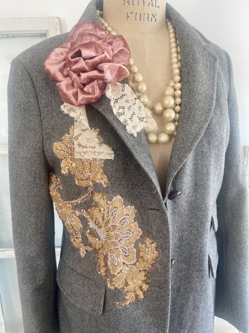 gray tweed blazer topped with beaded appliques and plush velvet pink flowers, gray blazer with signature pearl drape and vintage lace image 3