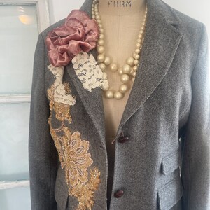 gray tweed blazer topped with beaded appliques and plush velvet pink flowers, gray blazer with signature pearl drape and vintage lace image 7