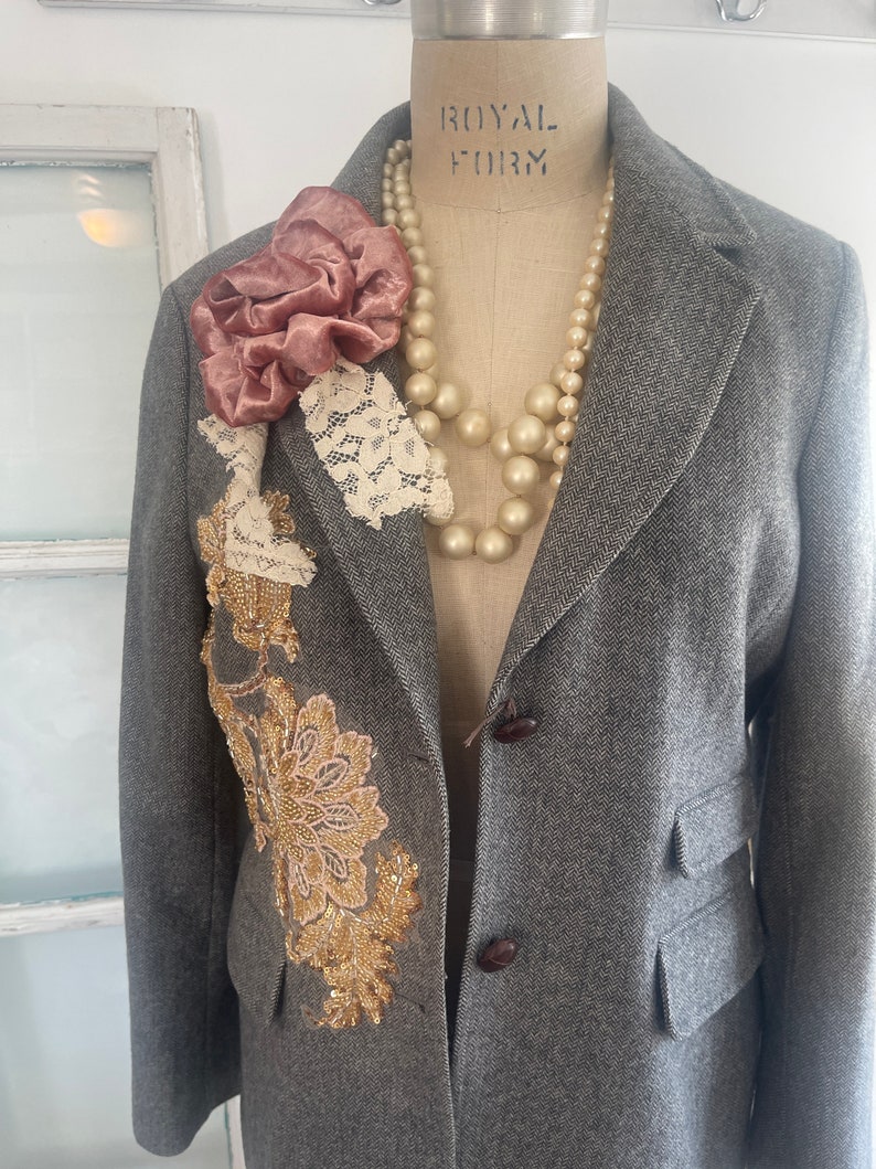 gray tweed blazer topped with beaded appliques and plush velvet pink flowers, gray blazer with signature pearl drape and vintage lace image 7