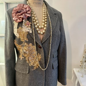 gray tweed blazer topped with beaded appliques and plush velvet pink flowers, gray blazer with signature pearl drape and vintage lace image 2