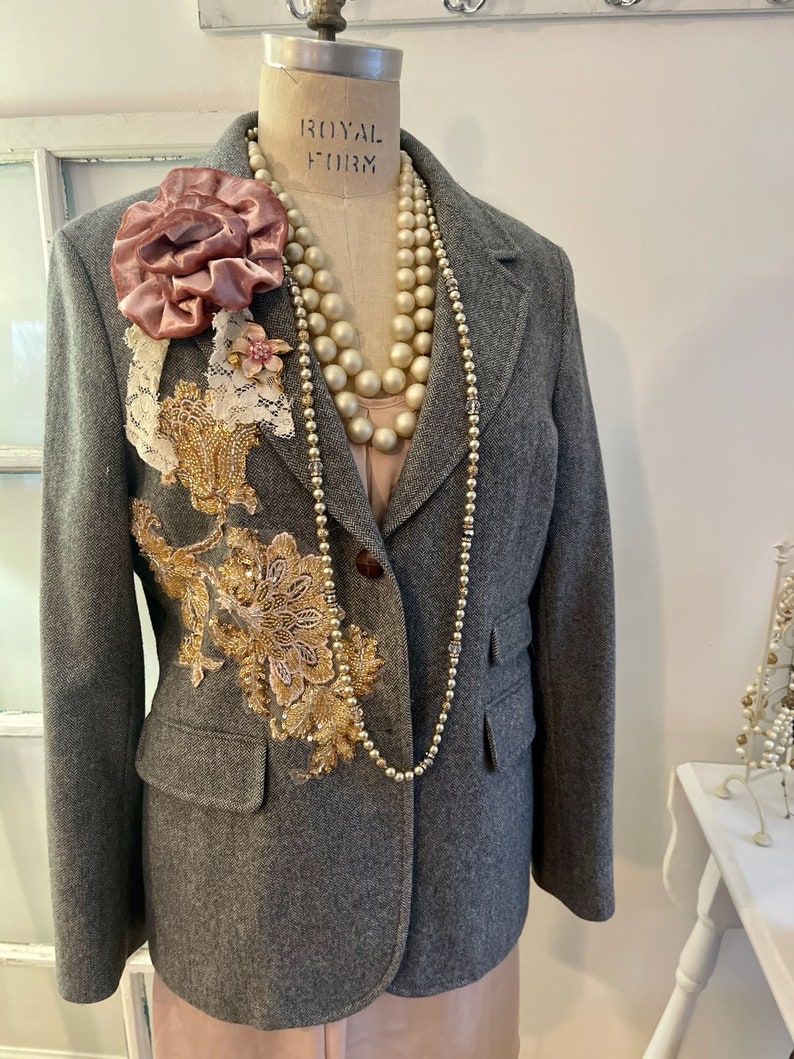 gray tweed blazer topped with beaded appliques and plush velvet pink flowers, gray blazer with signature pearl drape and vintage lace image 2