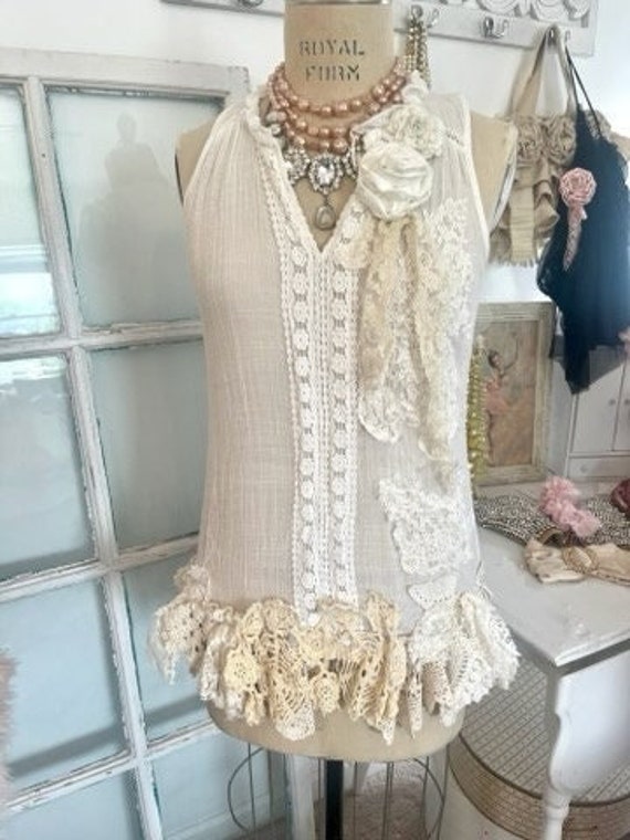 White Goddess Lace Tunic - Upcycled Vintage Lace, Hand-Embroidered Details (Small)