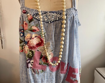 One of a Kind Altered Couture Pinstripe “LOVE” Tank,  Boho Layered Summer Top 1X