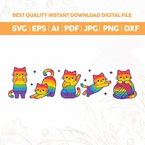 May include: A digital graphic featuring five cartoon cats with rainbow-striped fur. The cats are shown in various poses, including standing, stretching, waving, leaping, and playing with a ball of yarn, accompanied by small four-pointed stars.