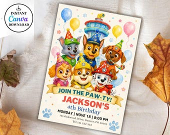 Editable Paw-ty Birthday Invitation Template ,Kids Printable Party Invitation,Puppy Patrol Pup Crew Boys & Girls Birthday,  Instant Download