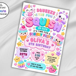Puede incluir: Una colorida tarjeta de invitación de cumpleaños con ilustraciones de dibujos animados de un unicornio, panda, helado y dulces. El texto dice Squeeze the fun, Squish on over, It's time for a squishy party, Oliva's 8th birthday y los detalles.
