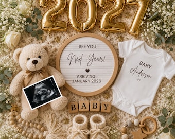 2027 Baby Announcement Template, Boho New Year Pregnancy Reveal (Digital Download)