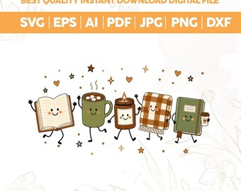 Cute Book Lover SVG PNG,Cute Reading Doodle Friends svg,Coffee Mug Candle Blanket Book png,Reading Doodle Friends svg,Bookish Design png