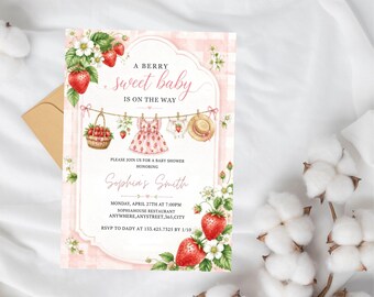 Berry Sweet Baby Shower Invitation, Strawberry Baby Shower Invite, Clothesline Invites, Editable Template, Digital Download